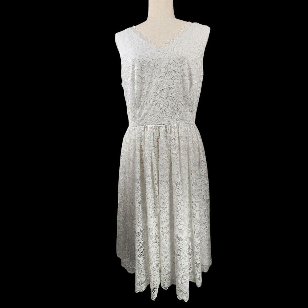 Zapaka White Lace Midi Fit Flare Dress XL Floral Cottagecore Prairie Boho Bridal